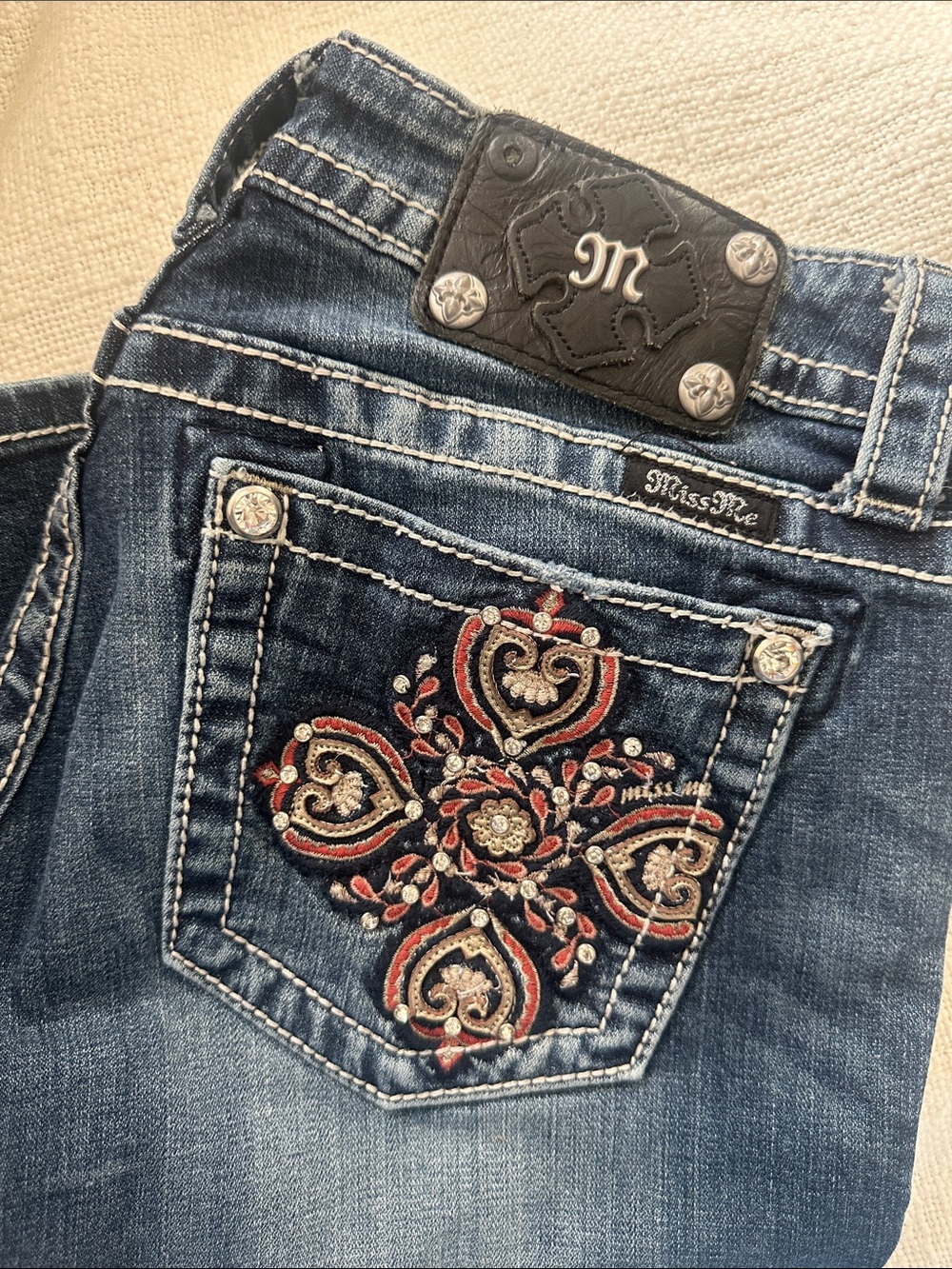 Miss Me Blue Denim Bermuda shorts with Red & Cream Embroidery